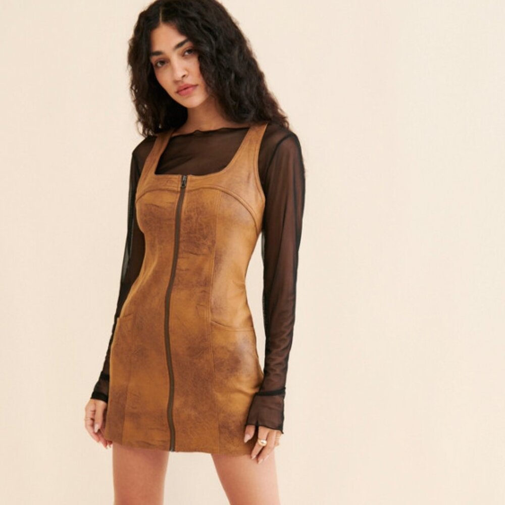 NWT Free People Western Wind Faux Leather Mini Jumper Dress In Brown M